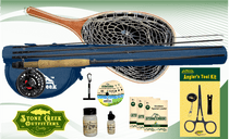 Fly fishing starter kit with blue rod, fly reel and net, plus tackle and tools
