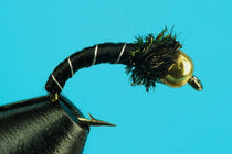 Curved midge fly with black body, gold tungsten bead, and sharp hook