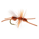 Single orange-brown terrestrial dry fly with hair wing, barbed hook, Size 12