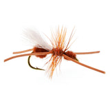 Single orange-brown terrestrial dry fly with hair wing, barbed hook, Size 12