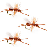 Set of three orange-brown terrestrial dry flies with barbed hooks, Size 12