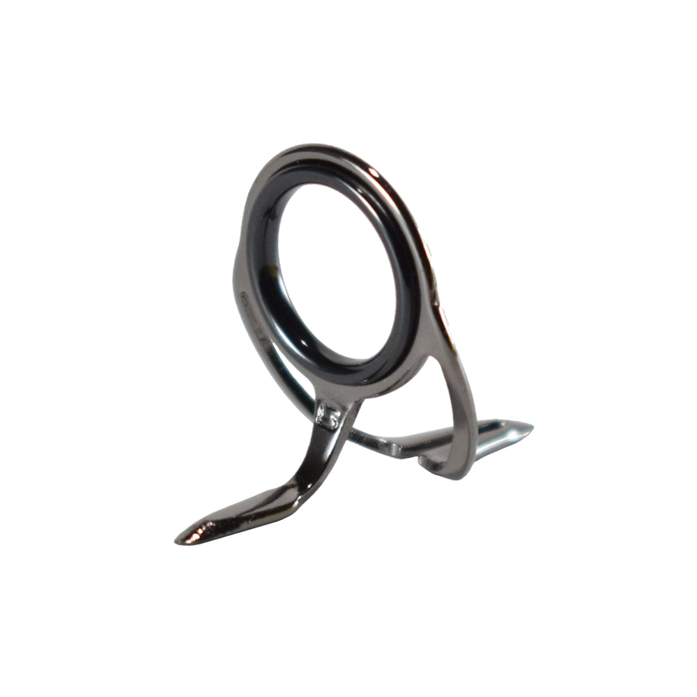 Double-foot fishing rod guide with dark ceramic ring and metal mounting feet
