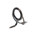 Double-foot fishing rod guide with dark ceramic ring and metal mounting feet
