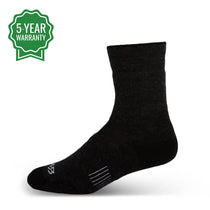 Black crew wool sock with logo at cuff and striped arch support