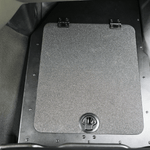 Square under-seat storage lid with textured panel and latch, black base
