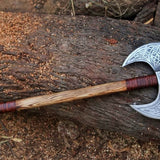 "Custom Handmade High Carbon Engraved Double Head Viking Axe | Ash Wood Handle | Leather Sheath | KBS Knives Store"