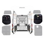 Diagram of Sprinter van interior showing rear door storage panel placement