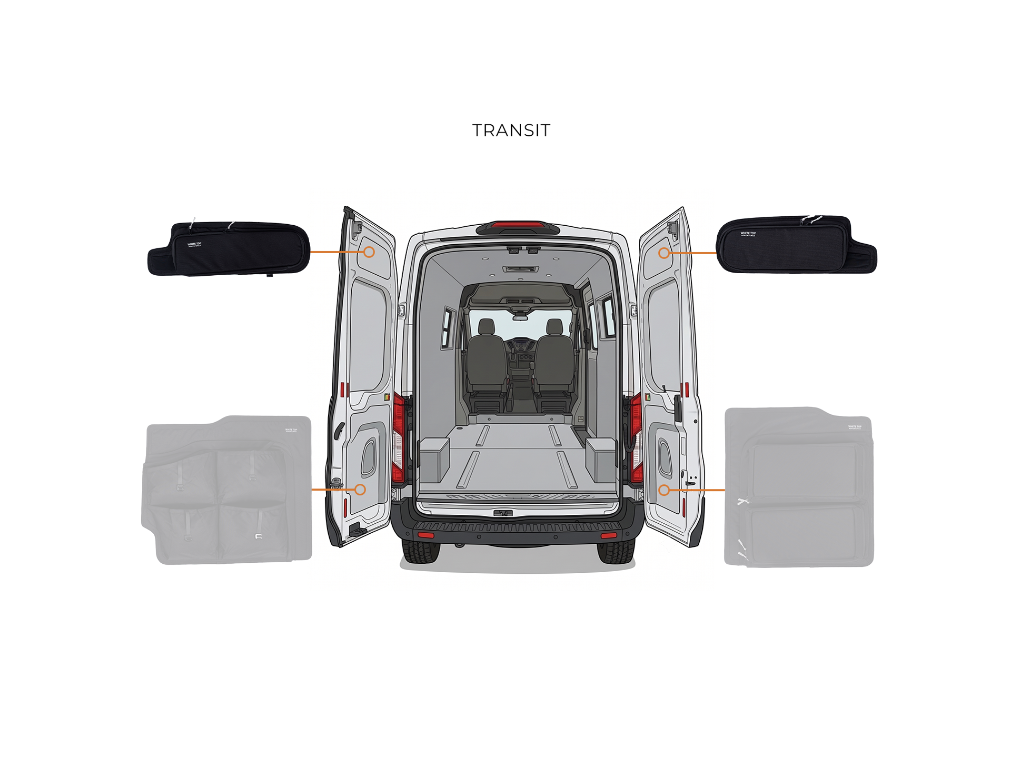 Ford Transit rear door storage panels shown on van with two interior covers