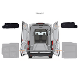 Ford Transit rear door storage panels shown on van with two interior covers