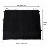 Transit privacy curtain with top and bottom dimensions, black fabric with reinforced edges