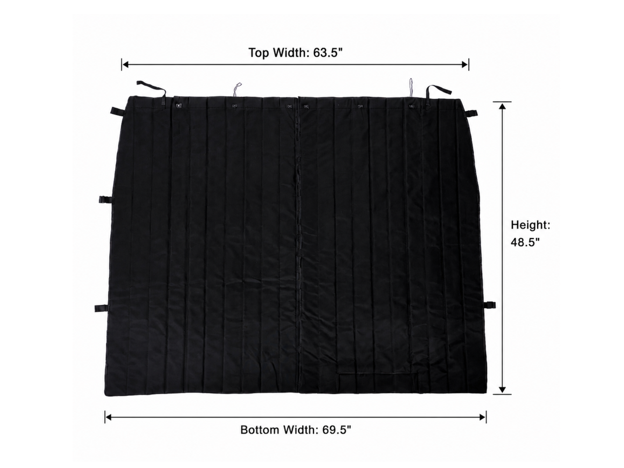 Transit privacy curtain with top and bottom dimensions, black fabric with reinforced edges