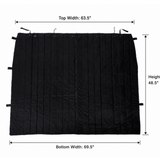 Transit privacy curtain with top and bottom dimensions, black fabric with reinforced edges