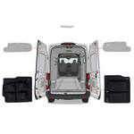 Set of two black storage panels for lower rear doors, shown installed in van