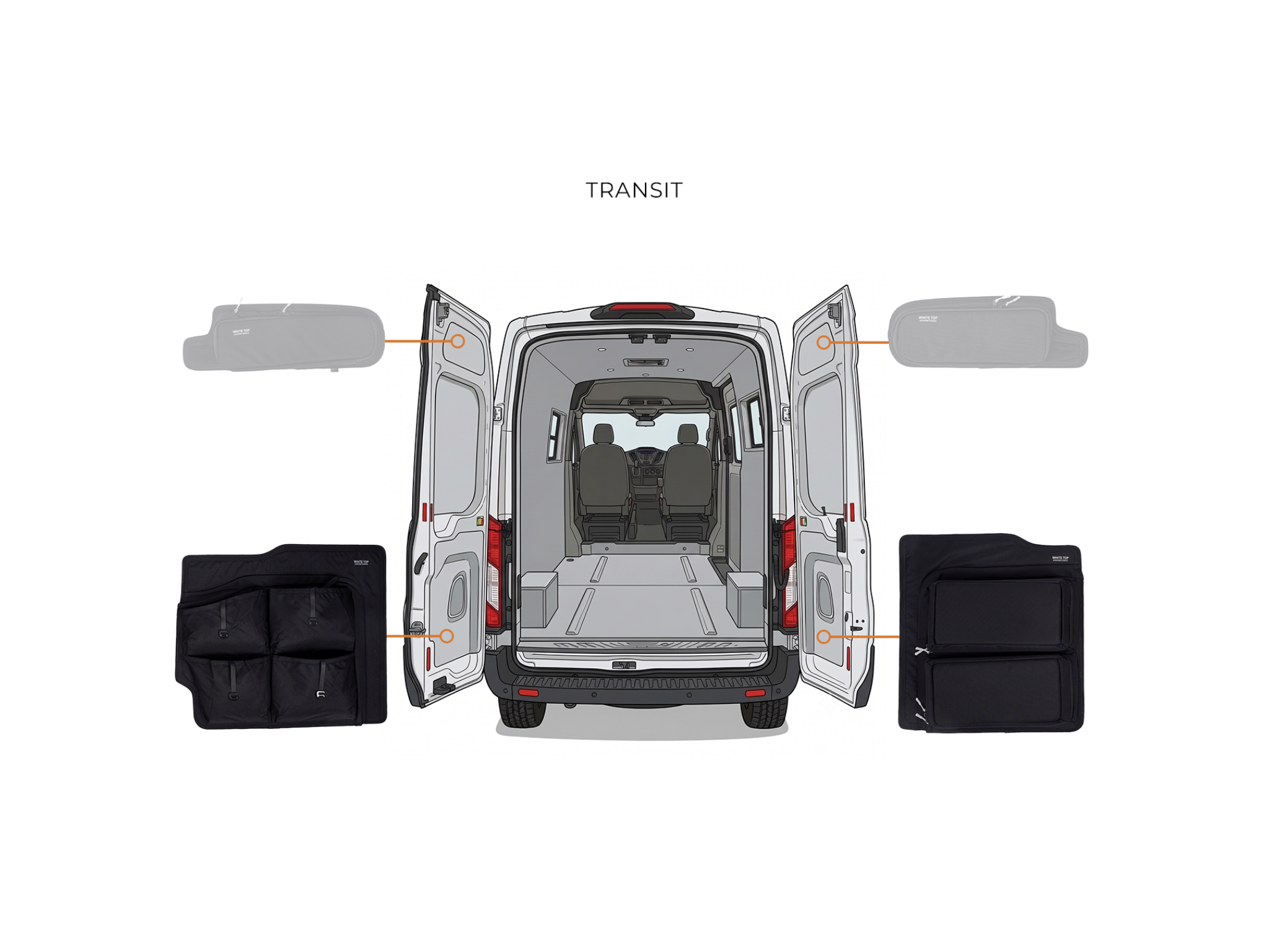 Set of two black storage panels for lower rear doors, shown installed in van