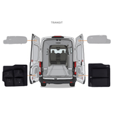 Set of two black storage panels for lower rear doors, shown installed in van