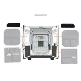 Upper rear door storage panels on rear doors, pair, with side panel layout diagram