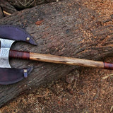 "Custom Handmade High Carbon Engraved Double Head Viking Axe | Ash Wood Handle | Leather Sheath | KBS Knives Store"
