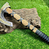 Viking Hatchet with Custom Handmade Engraved 1095 Steel Blade and Ash Wood Leather-Wrapped Handle – Battle Forge