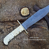 Vintage Western USA W49 Bowie Knife - Custom Handcrafted Full Tang Damascus Steel Blade, Bone Handle with Brass Spacers, 15" Overall Length - Leather Sheath | KBS Knives