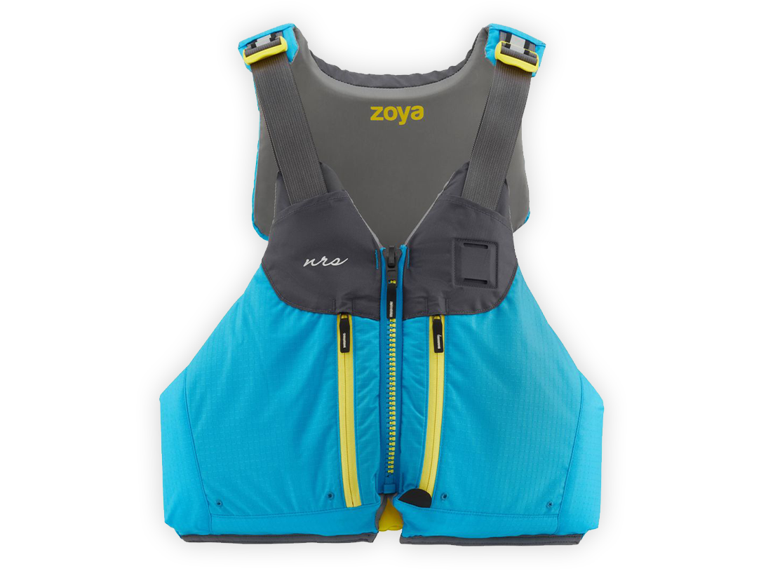 Women's life jacket vest with mesh back, blue body, gray shoulders, yellow front zipper and straps