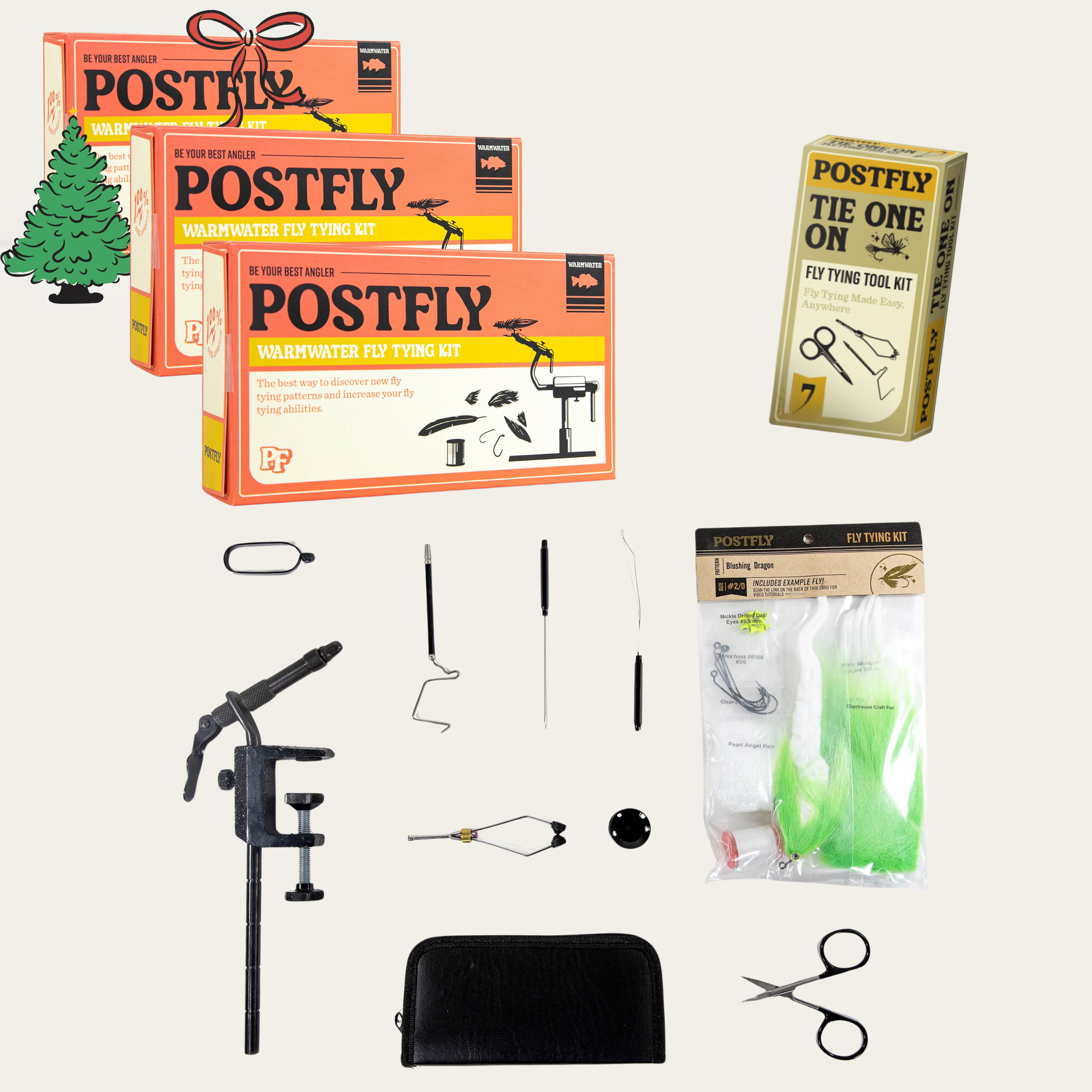 Warmwater fly tying kit contents with vise tool, hooks, and packaged fly materials.