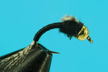 Beadhead fishing fly with black body wrap, olive fuzzy head, brass bead