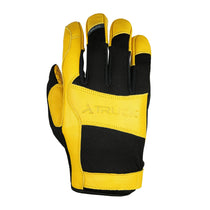 Yellow and black work glove with stitched panel and logo on back
