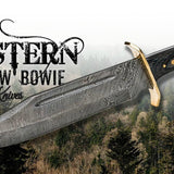 Western Outlaw Bowie Knife - Custom Handcrafted Damascus Steel Blade, Exotic Wood Handle with Brass Guards, 15" Overall Length | Leather Sheath | KBS Knives