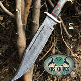Western Outlaw Bowie Knife - Custom Handcrafted Damascus Steel Blade, Exotic Wood Handle, Red Fiber Spacers, Brass Guards, 16" Overall Length | Leather Sheath | KBS Knives