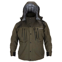 Dark olive waterproof wading jacket with hood, storm flaps, and dual chest pockets