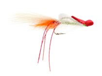 White and orange foam shrimp saltwater fly with red tie, bare hook, trailing strands