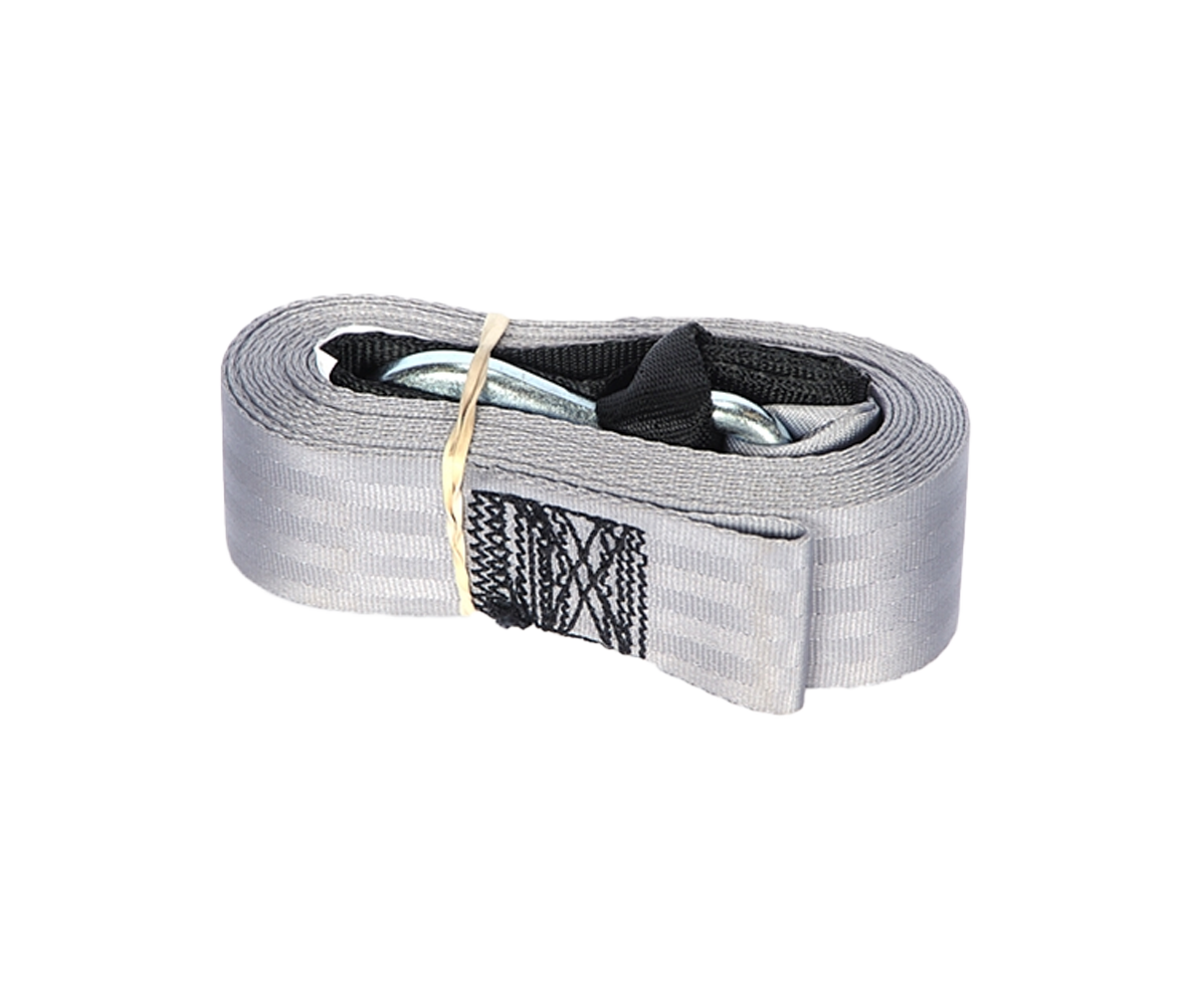 Grey trailer winch strap with stitched end loop and woven webbing