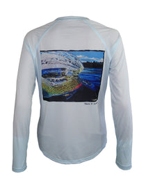 Women's sun protective fishing shirt, arctic blue long sleeves, back trout graphic