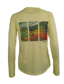 Pale yellow long-sleeve fishing shirt with large back trout graphic