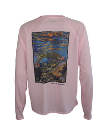Pink long-sleeve sun shirt with back graphic panel showing trout and water