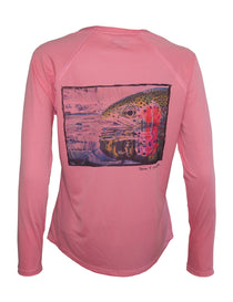 Pink long-sleeve fishing sun shirt with rectangular fish graphic on back