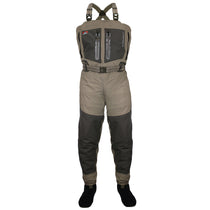 Women’s breathable fly fishing waders in elk tan with dark gray boot covers