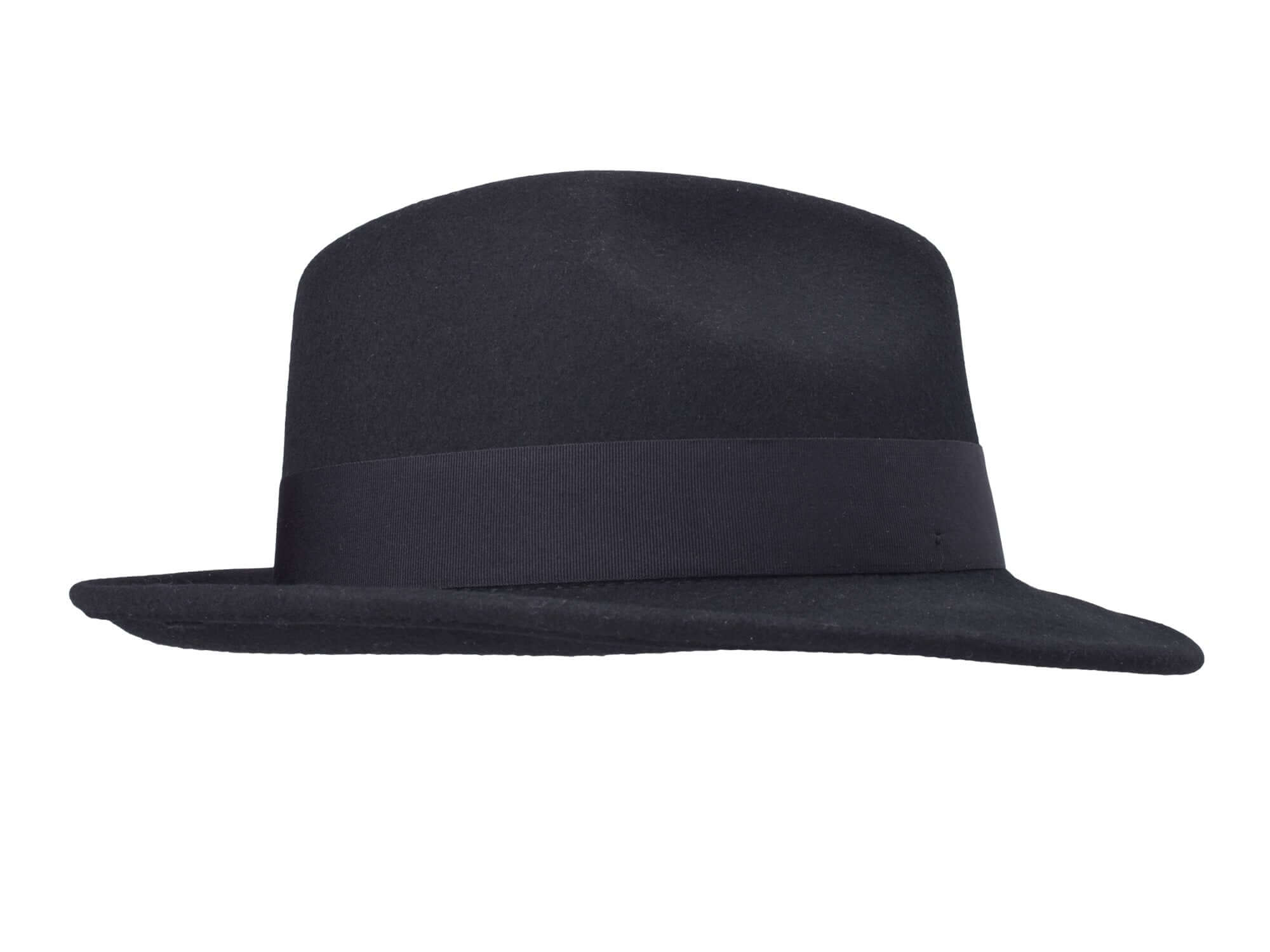 Dark wool felt fedora side profile with simple band and slightly upturned brim.