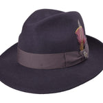 Wool felt fedora hat, dark color, ribbon band with feathered side ornament