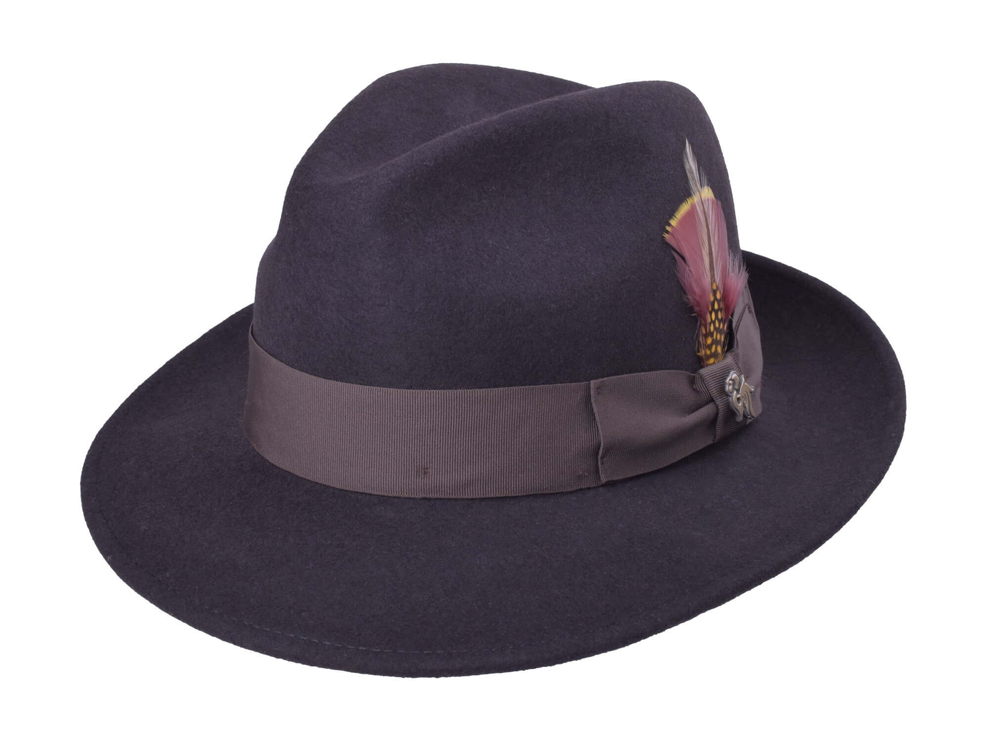 Wool felt fedora hat, dark color, ribbon band with feathered side ornament