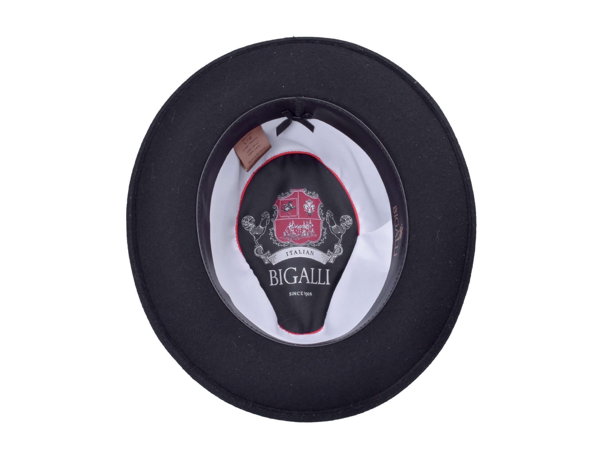 Dark wool felt fedora interior showing BIGALLI branded label lining.