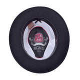 Dark wool felt fedora interior showing BIGALLI branded label lining.