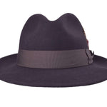 Wool felt fedora hat with ribbon band and side pin detail, dark color