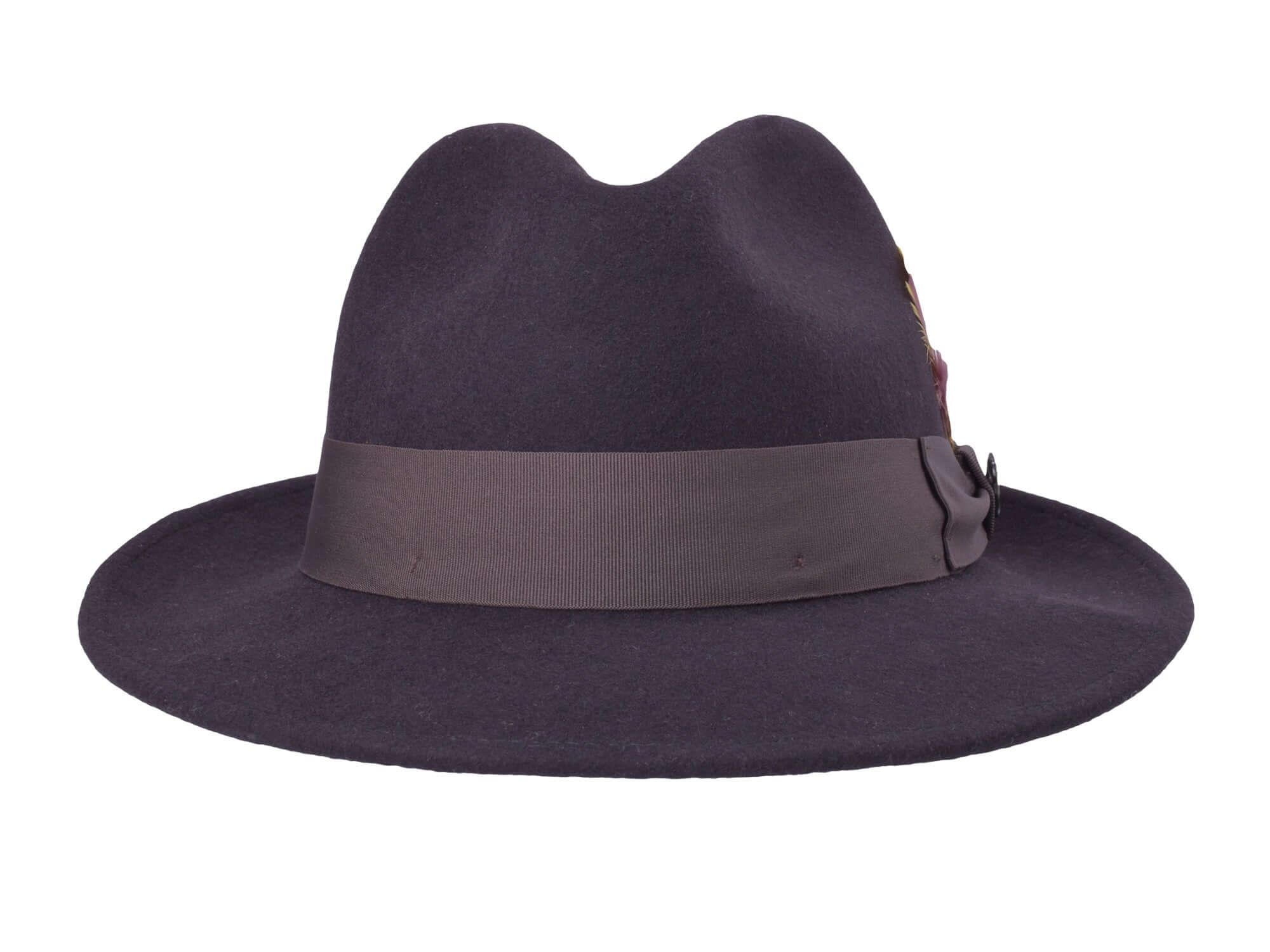 Wool felt fedora hat with ribbon band and side pin detail, dark color