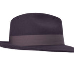 Wool felt fedora hat with wide brim and ribbon band, dark color