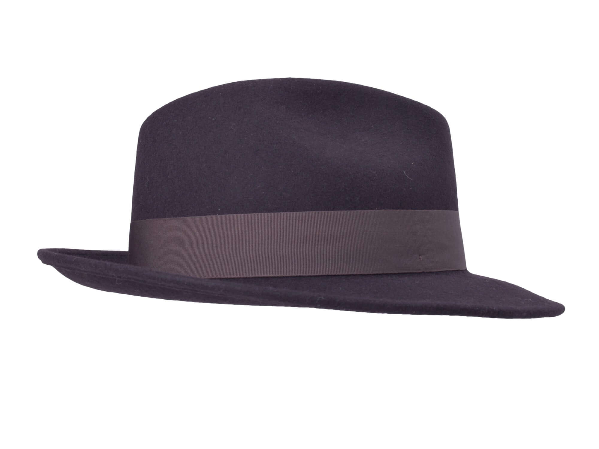Wool felt fedora hat with wide brim and ribbon band, dark color