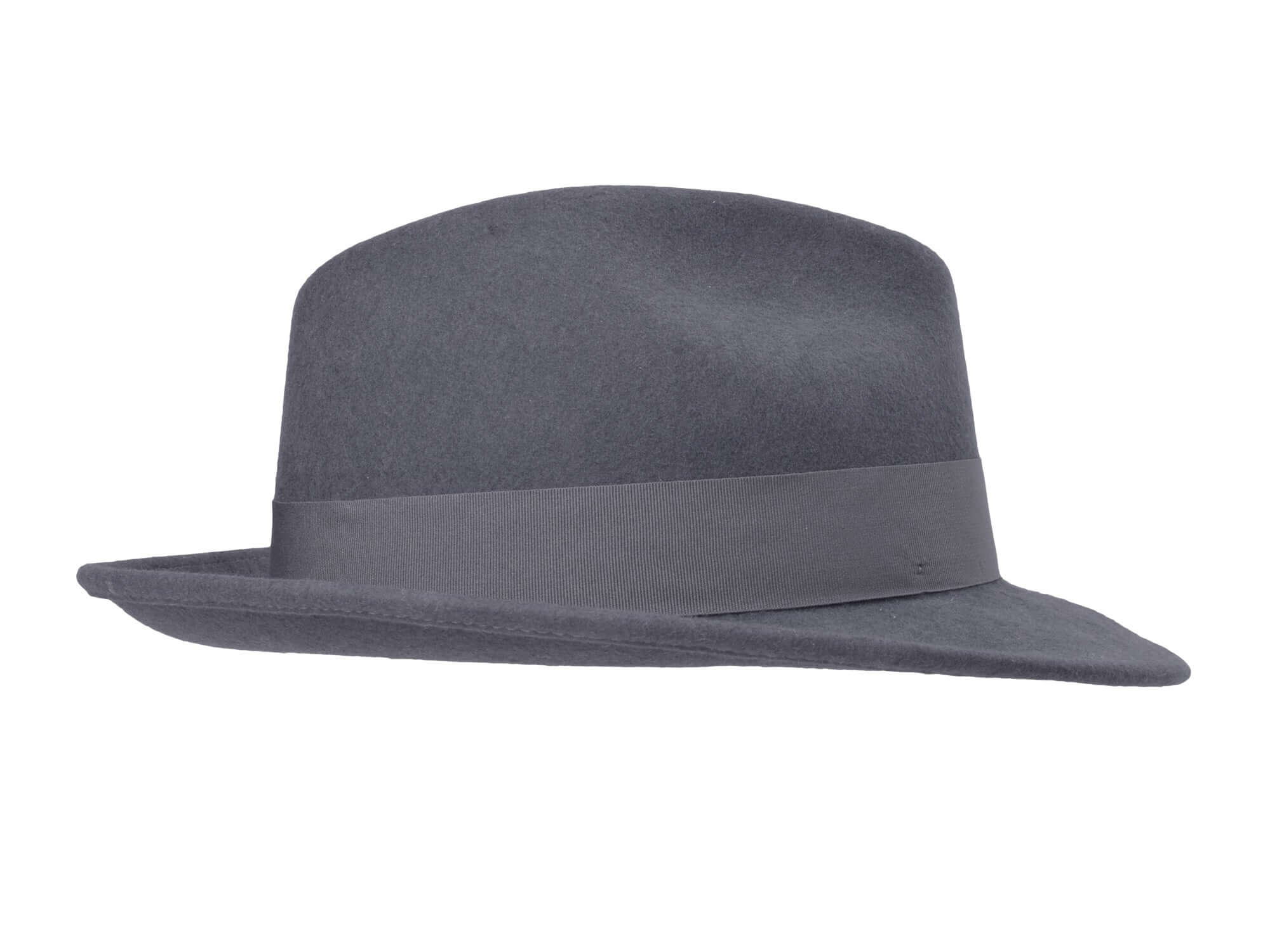 Dark grey wool felt fedora with wide brim and smooth dark band.