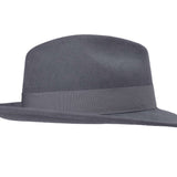 Dark grey wool felt fedora with wide brim and smooth dark band.