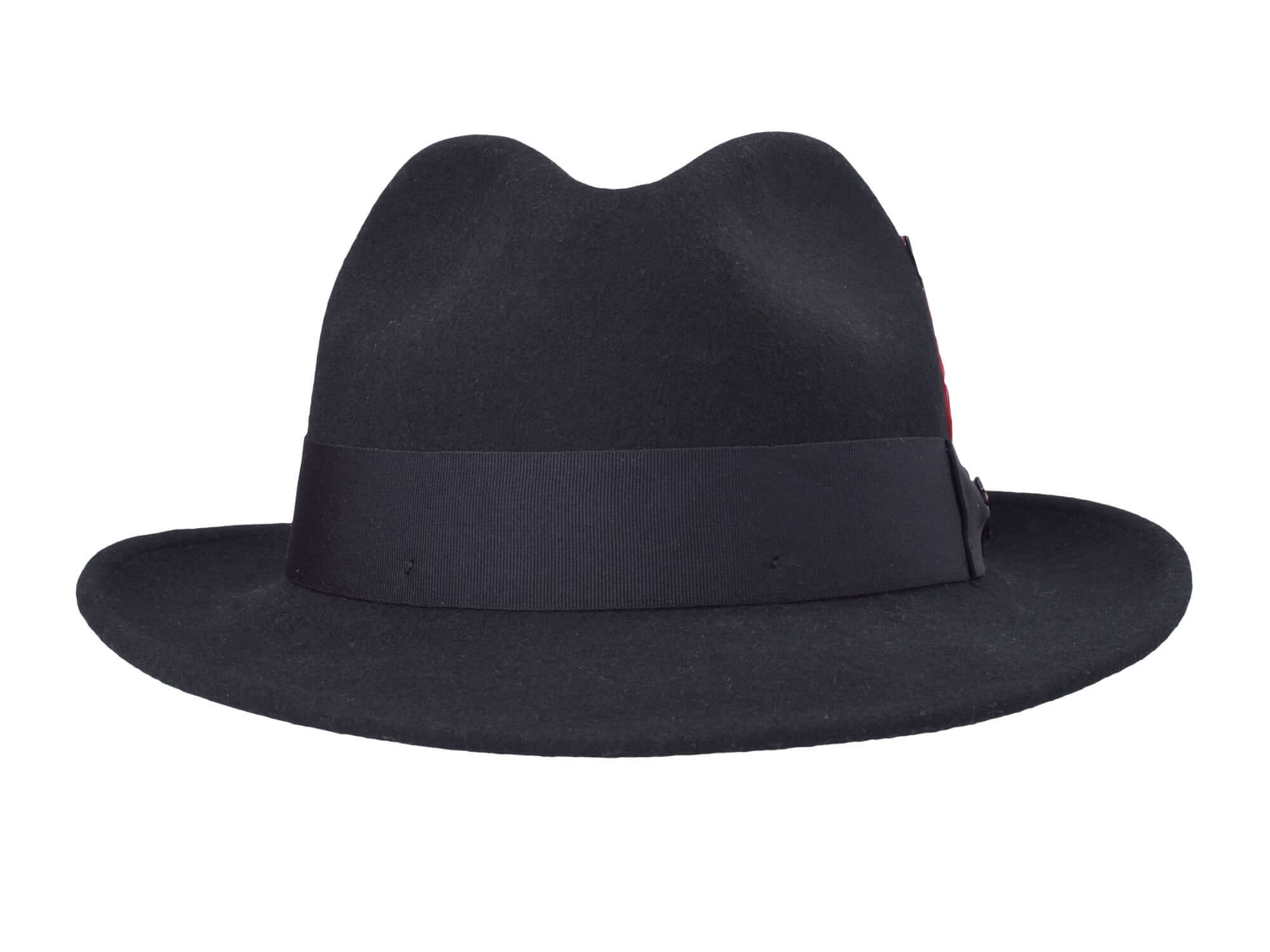 Black wool felt fedora back view with smooth dark band and curved crown.