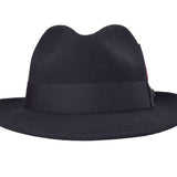 Black wool felt fedora back view with smooth dark band and curved crown.